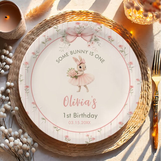 Pink Bow & Floral Some Bunny is One 1st Birthday Paper Plates (Creator Uploaded)