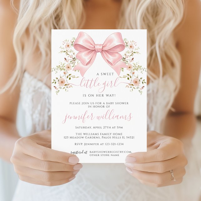 Pink Bow Floral Spring Baby Girl Shower Invitation (Creator Uploaded)