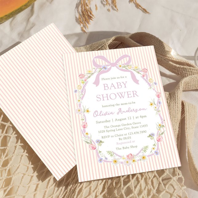 Pink Bow Floral Stripes Baby Shower Invitation (Creator Uploaded)