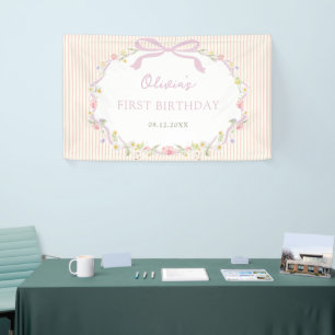Pink Bow Floral Stripes Birthday Banner