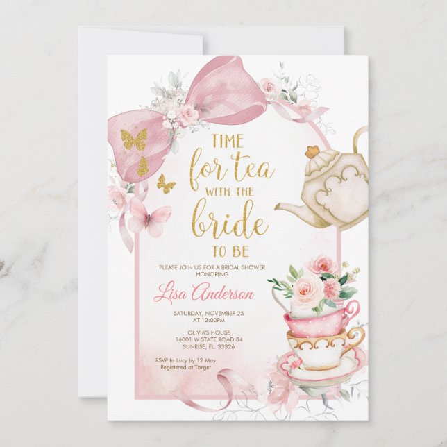 Pink Bow Floral Tea Party Bridal Shower  Invitation (Front)