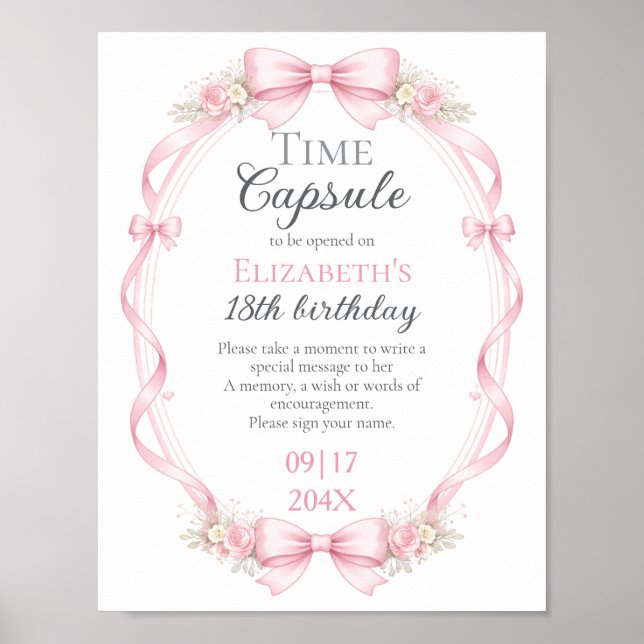 Pink Bow Floral Time Capsule Sign 1st Birthday (Front)
