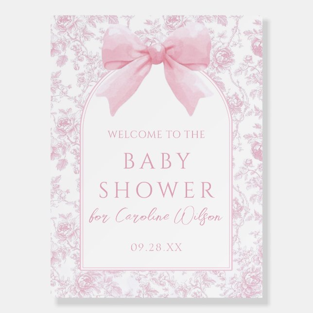 Pink Bow Floral Toile Baby Shower Welcome Foam Board (Front)