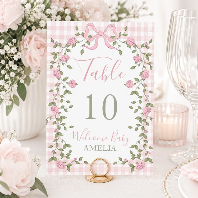 Pink Bow Floral Vines and Gingham  Table Number (Pink Bow Floral Vines and Gingham Table Number)