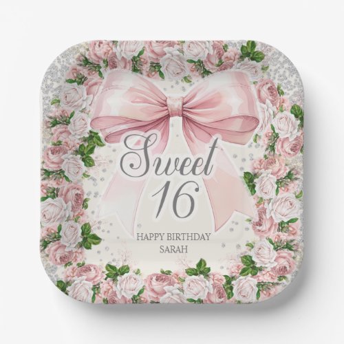 Pink Bow Floral Vintage Coquette Sweet 16 Paper Plates