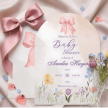 Pink Bow Floral Watercolor Baby Shower Invitation