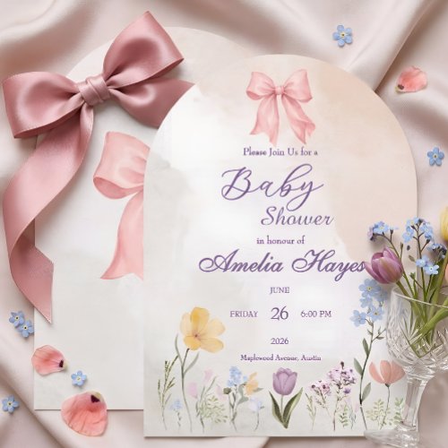 Pink Bow Floral Watercolor Baby Shower Invitation
