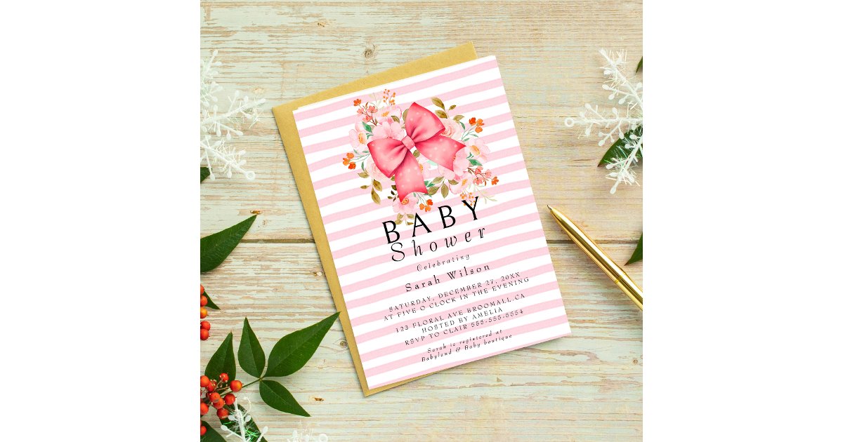 Pink Bow Floral watercolor baby shower invitation | Zazzle