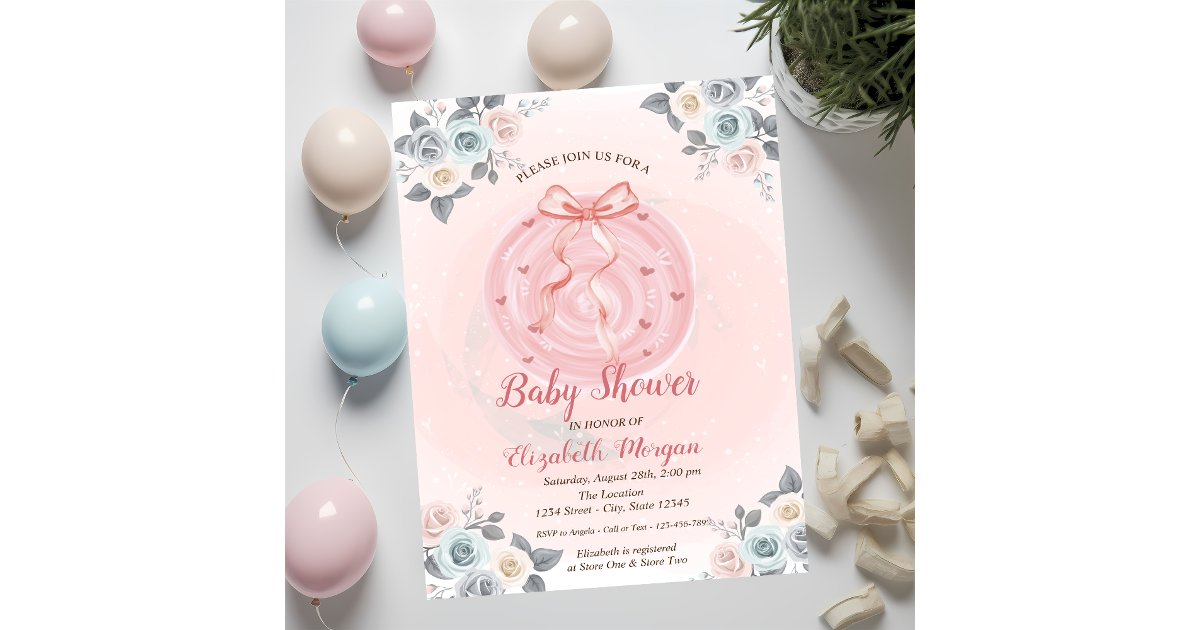 Pink Bow Floral Watercolor Baby Shower Invitation | Zazzle