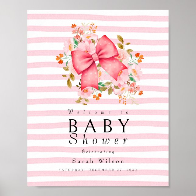 Pink Bow Floral watercolor baby shower  Poster (Front)