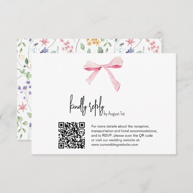 Pink Bow floral Wedding digital RSVP Card Qr code (Front/Back)
