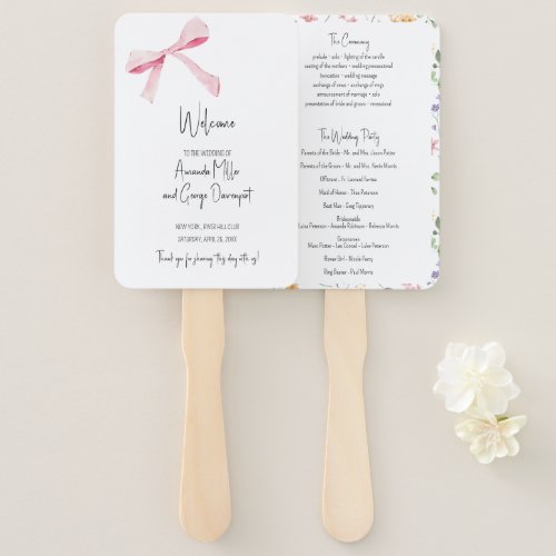 Pink Bow floral wedding program fan