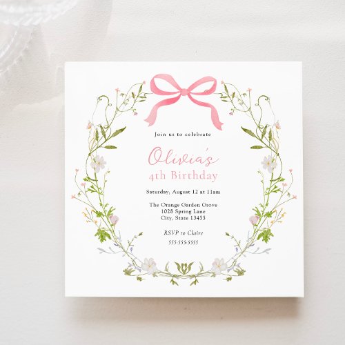 Pink Bow Floral Wreath Girl Birthday Invitation