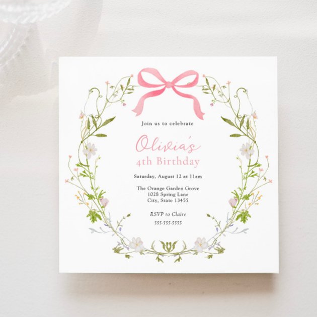 Pink Bow Floral Wreath Girl Birthday Invitation | Zazzle