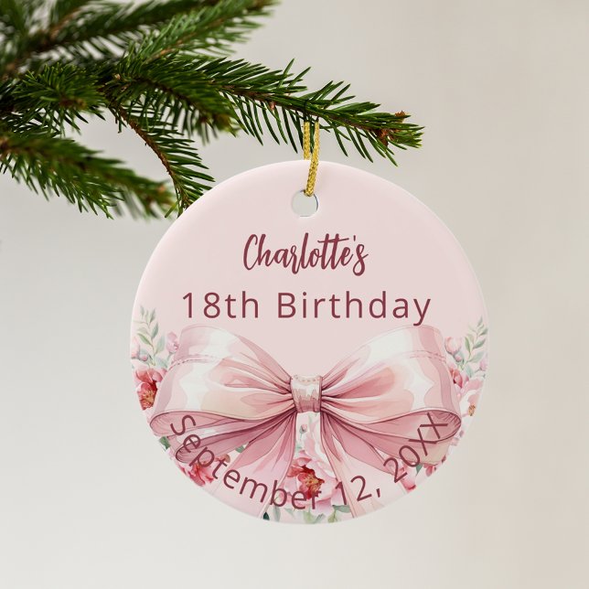Pink bow florals birthday ceramic ornament (Creator Uploaded)