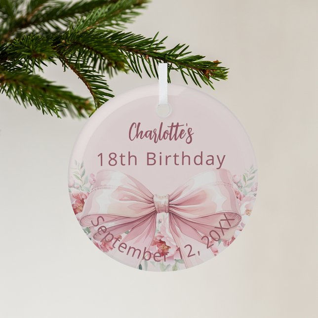 Pink bow florals birthday glass ornament (Creator Uploaded)