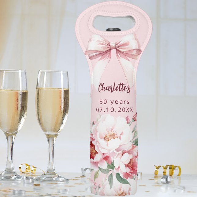 Pink bow florals bloom birthday party wine bag (Creator Uploaded)