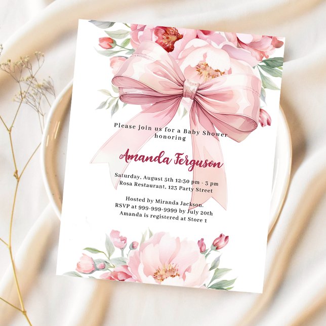 Pink bow florals girl Baby Shower invitation (Creator Uploaded)