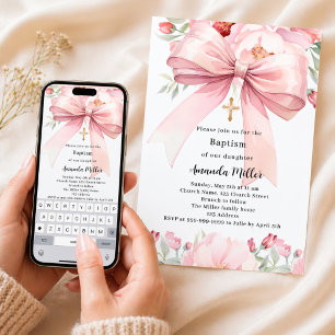 Pink bow florals girl Baptism Invitation