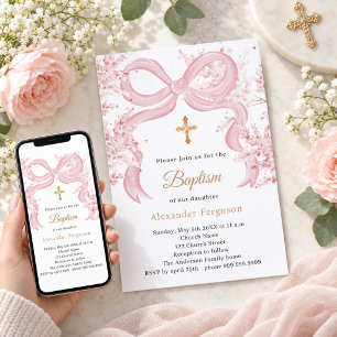 Pink bow florals girl Baptism Invitation