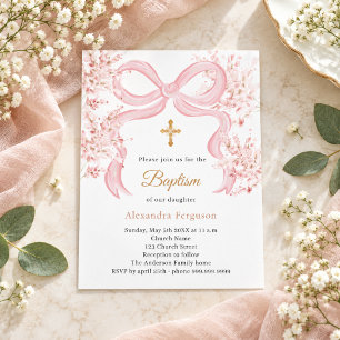 Pink bow florals girl Baptism invitation