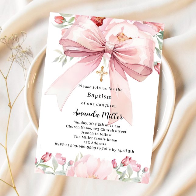 Pink bow florals girl Baptism Invitation (Creator Uploaded)