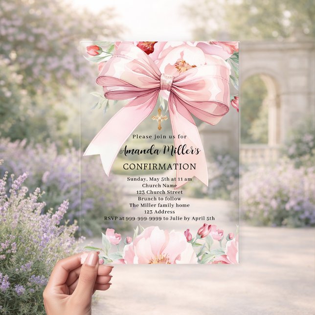 Pink bow florals girl clear Confirmation Acrylic Invitations (Creator Uploaded)