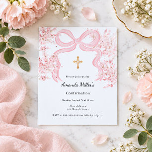Pink bow florals girl Confirmation Invitation