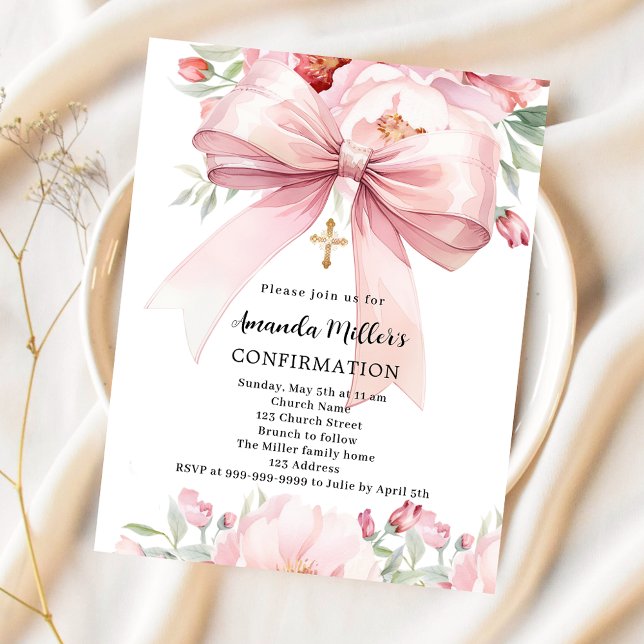 Pink bow florals girl Confirmation invitation (Creator Uploaded)