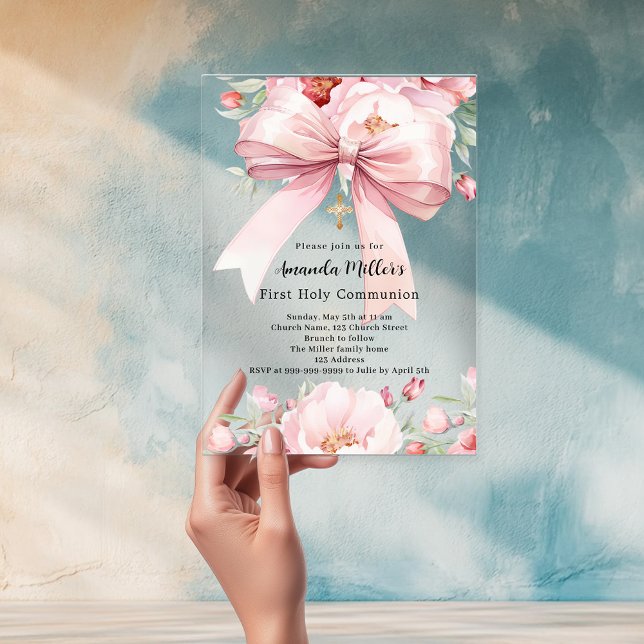 Pink bow florals girl First Communion clear Acrylic Invitations (Creator Uploaded)