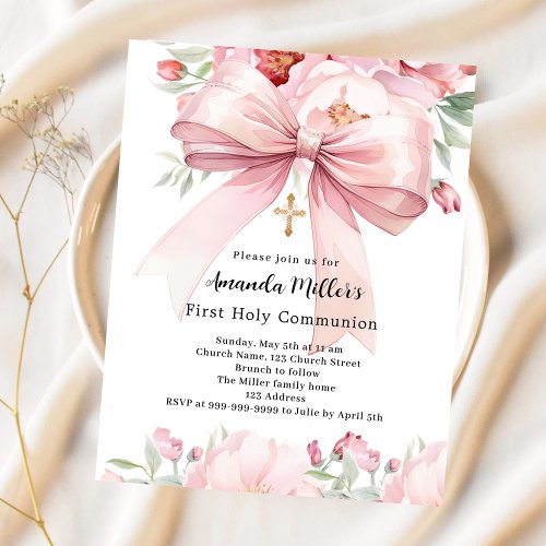 Pink bow florals girl First Communion invitation