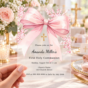 Pink Bow Florals Girl Luxury First Communion Acrylic Invitations