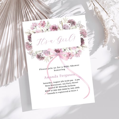 Pink bow florals its a girl Baby Shower Invitation