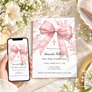 Pink bow florals tartan First Communion Invitation