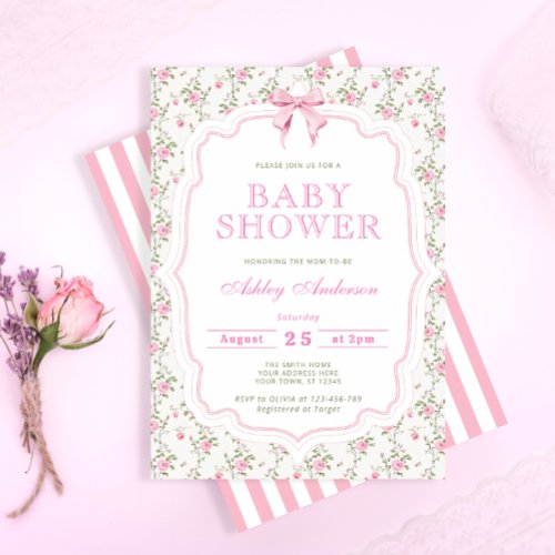 Pink Bow Flow Floral Baby Shower Invitation
