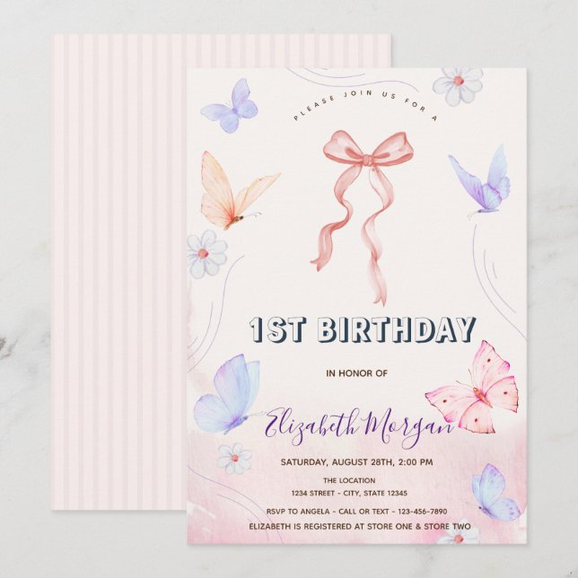 Pink Bow Flowers Butterflies Striped Birthday Invitation (Front/Back)