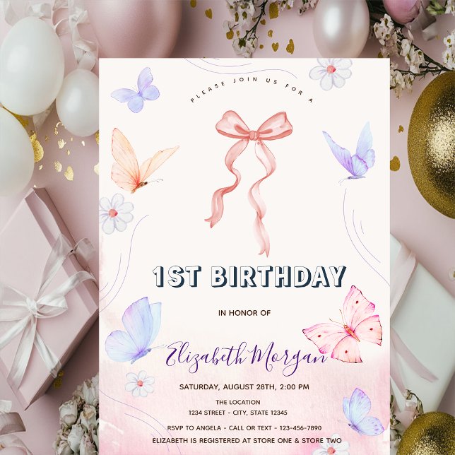 Pink Bow Flowers Butterflies Striped Birthday Invitation (Creator Uploaded)