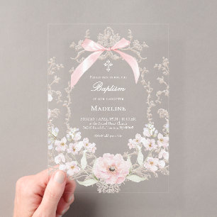 pink bow flowers frame Baptism Acrylic Invitations