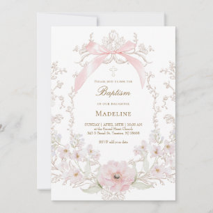  pink bow flowers frame Baptism Invitation