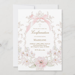  pink bow flowers frame Confirmation Invitation