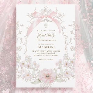  pink bow flowers frame First Holy Communion Invitation