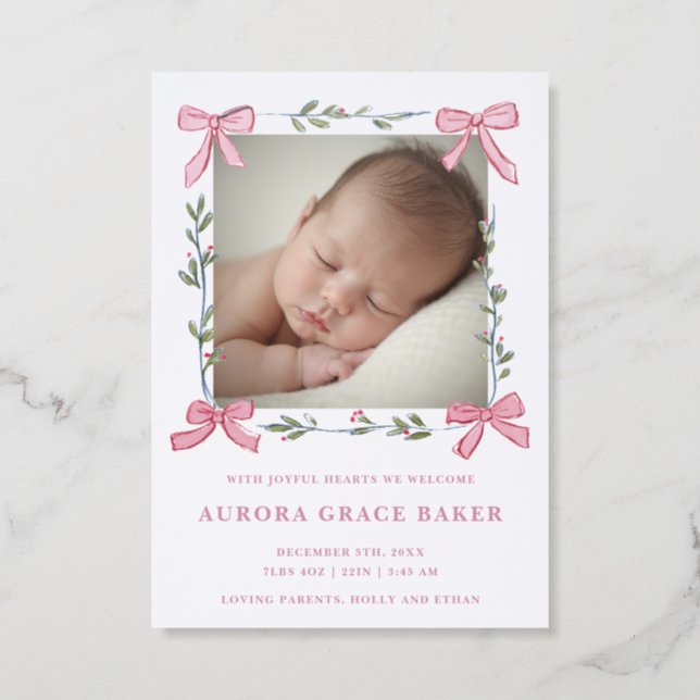 Pink Bow Frame Christmas Baby Announcement (Front)