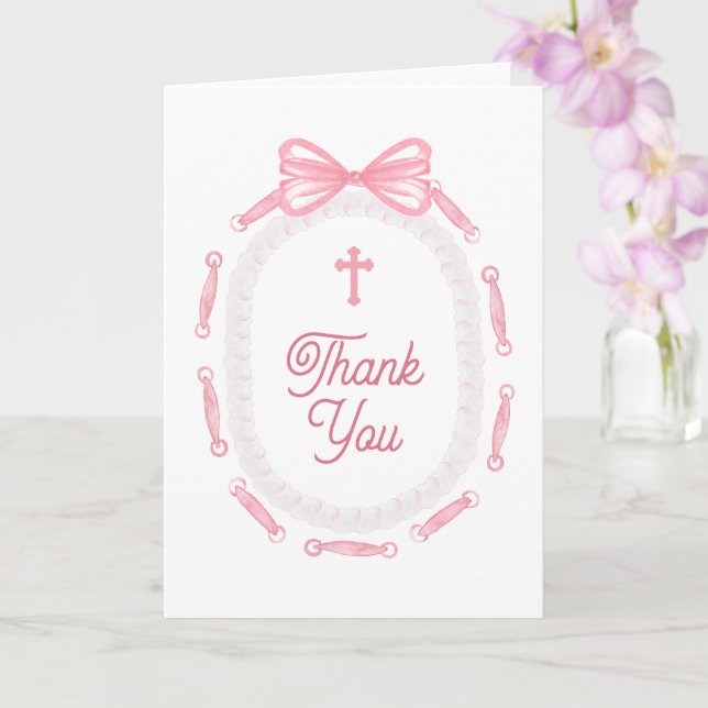 Pink Bow Frame Holy Cross Religious Thank You Card (Orchid)