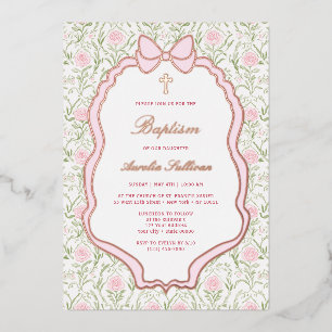 Pink Bow Frame Roses Baptism Foil Invitation