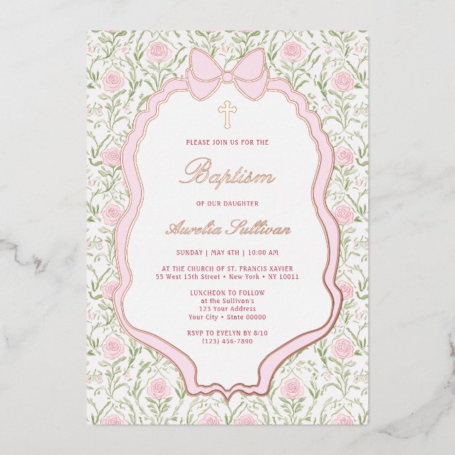 Pink Bow Frame Roses Baptism Foil Invitation (Front)