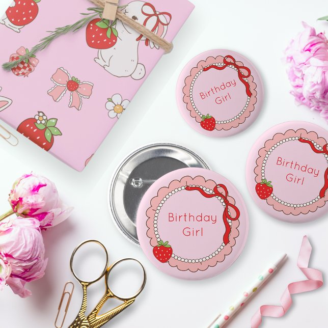 Pink Bow Frame Strawberry Birthday Button (Creator Uploaded)