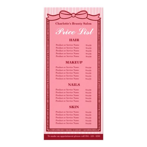 Pink Bow Frame Striped Salon Price List Card