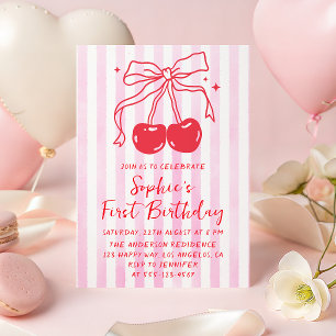 Pink Bow Fruit Sweet Cherry First Birthday Invitation