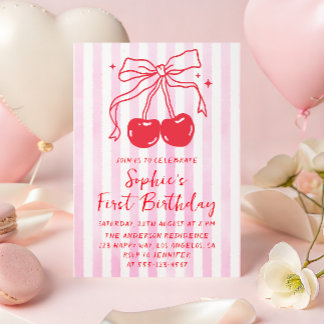 Pink Bow Fruit Sweet Cherry First Birthday Invitation