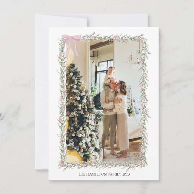 Pink Bow Garland with Message Christmas Photo  Holiday Card (Front)